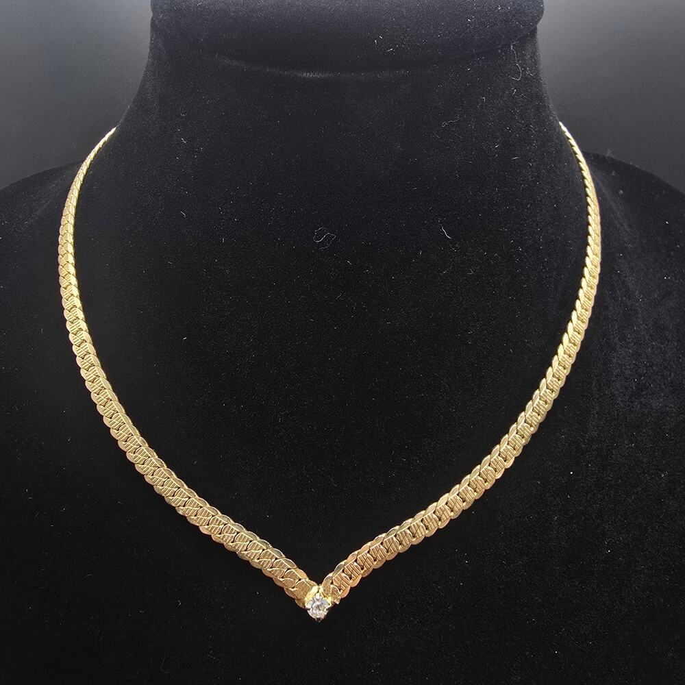 Gold Tone Chain V Necklace with Rhinestone Vintage Costume Jewelry